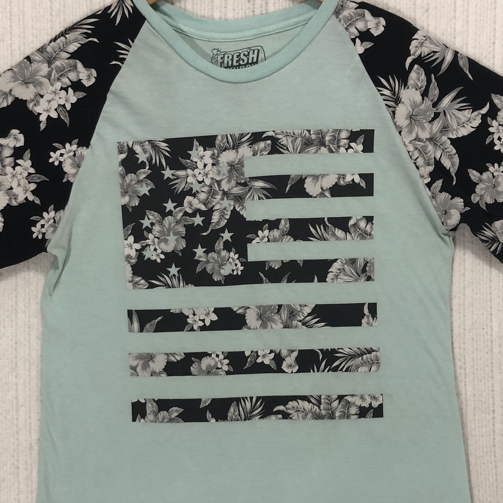 Fresh Laundry Mens Floral American Flag Raglan Tee Aqua Blue Large Hibiscus